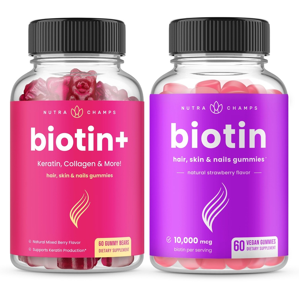 NutraChamps Biotin+ & Biotin. Kompletné Duo pre vlasy, kožu a nechty.