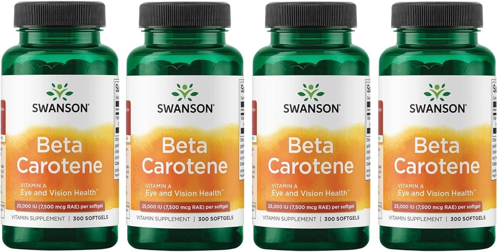 Swanson Beta-karotén Vitamín A 25000 IU Softgels - Zdravie kože, očí a imunitného systému - Antioxidačná podpora - 7500 μg (300 Softgels) (4 balenia)