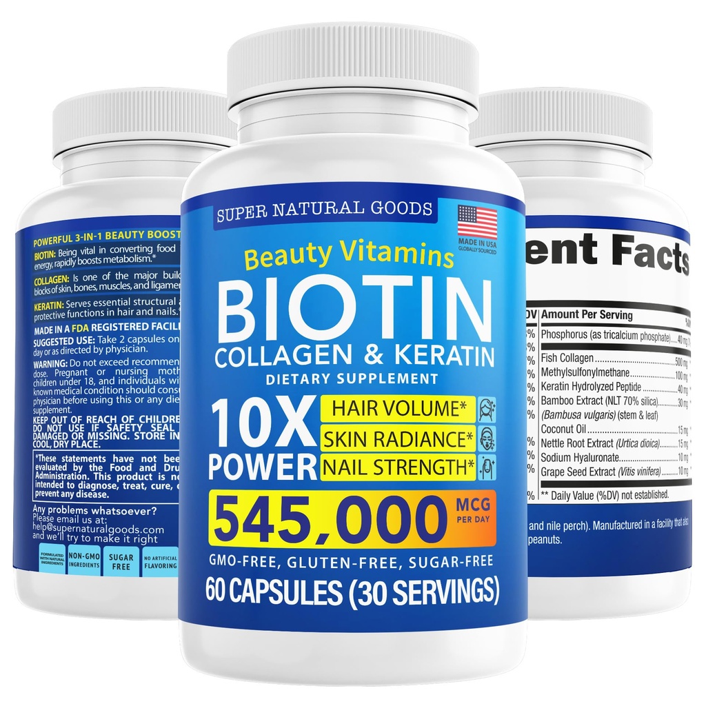 Biotín a kolagén Vitamíny + keratín s folátom - liečba vypadávania vlasov pre ženy a mužov - Folicle, kože a nechtov doplnky pre rast vlasov a podporu po pôrode - GMO bez a bez lepku (60 kapslí)