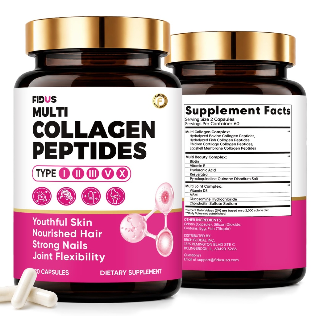 Fidus Multi Collagen Peptides Capsules - Type I, II, III, V & X Hydrolyzed Collagen for Women with Biotin 10000mcg, Hyaluronic Acid & MSM | 120 Capsules, 60 Servings