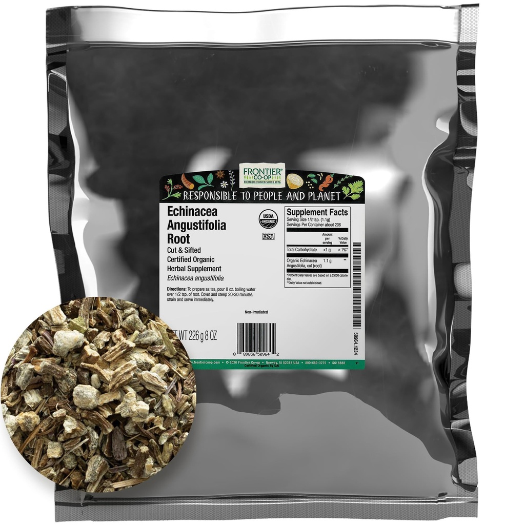 Frontier Co-op Sušená Echinacea Angustifolia Root, Cut and Sifted, 8oz, Certified Organic Echinacea Root - Ideal for Tea and Herbal Remedies, Kosher