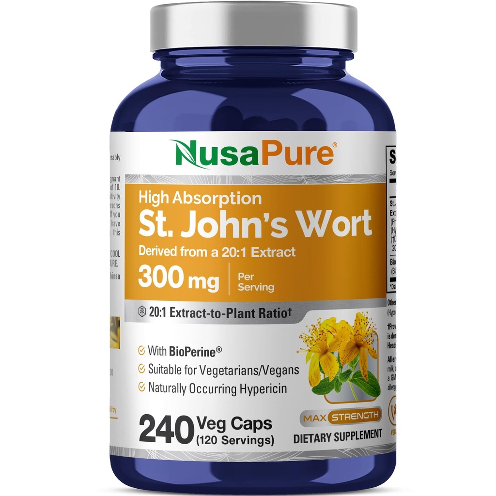 NusaPure St. John's Wort 20:1 Extract, 300 mg Equivalent to 6 000mg 240 Veggie Capsules (Vegetarian, Non-GMO) Bioperine