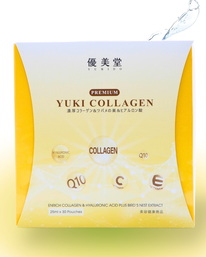 Yuki Premium Collagen Drink, 8400mg Collagen with Hyaluronic Acid, Bird's Nest Extract, Fucoidan Extract, CoQ10, and Vitamins, 30 Pouches (25ml Each) Made in Japan