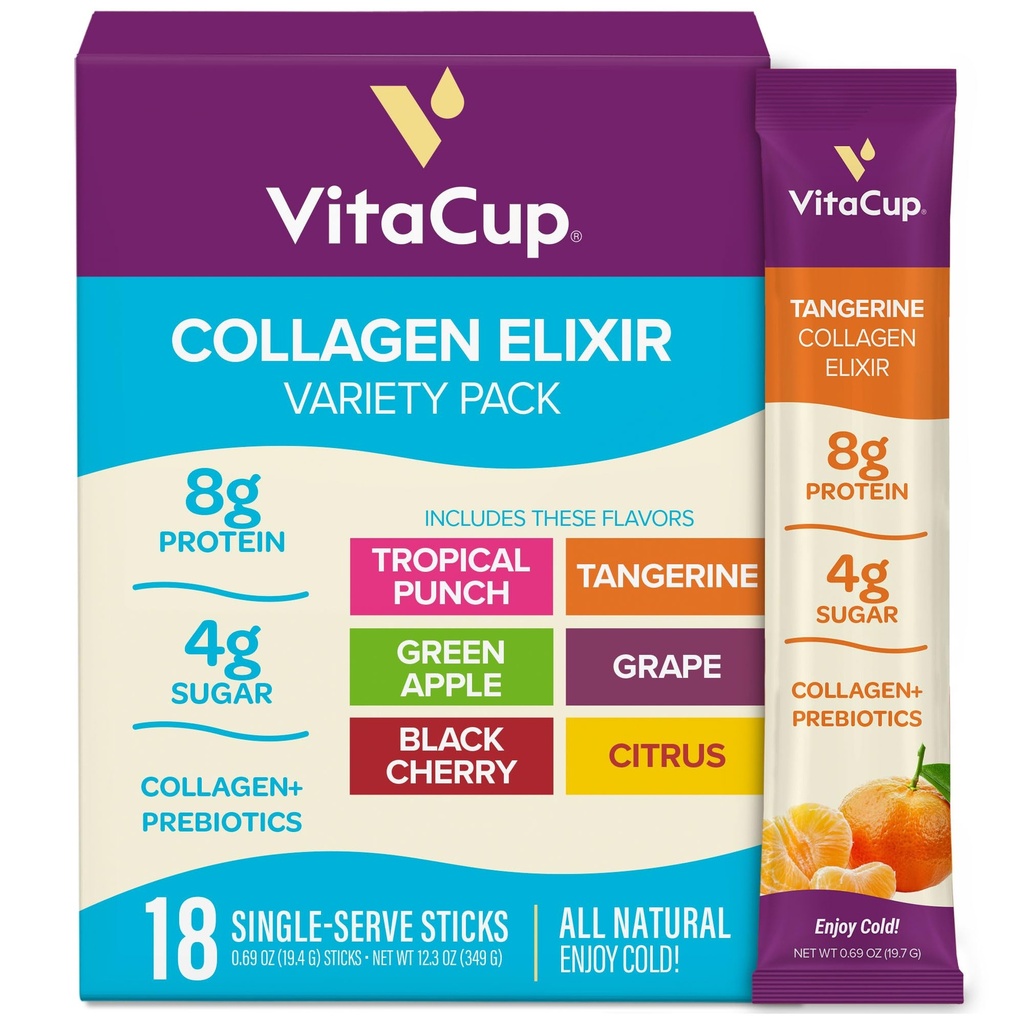 VitaCup Collagen Drink Mix Sticks Variety Pack, 6 Flavors, Grass-Fed Collagen for Skin, Hair, Nails & Joints, Hydration + Gut Support, Prebiotic Fiber & Electrolytes, No Artificial Sweeteners, 18 Ct