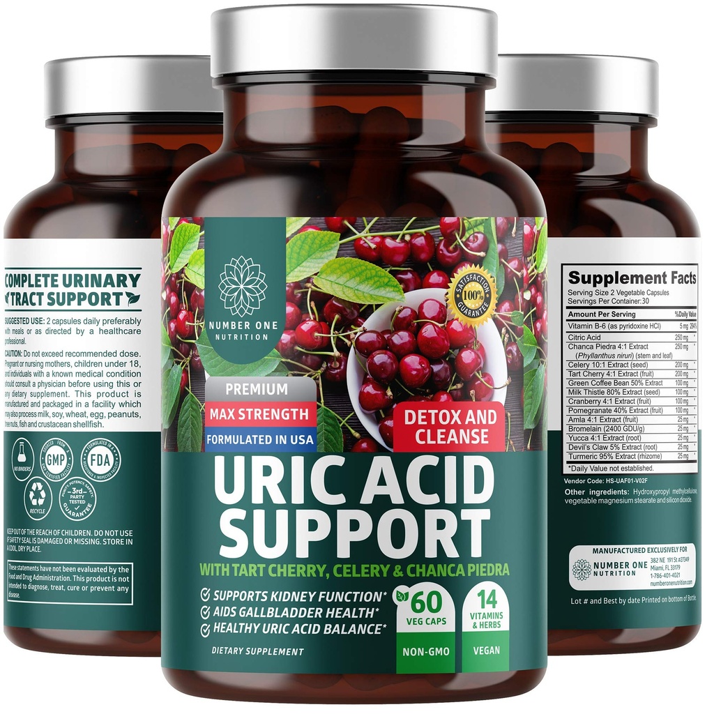 N1N Premium Uric Acid Suplement [14X Potent Herbs] Všetky prírodné obličky a kyseliny močovej Čistiť s tortou Cherry, Milk Thitle, Cranberry, zeler, Chanca Piedra, 60 Veg Caps