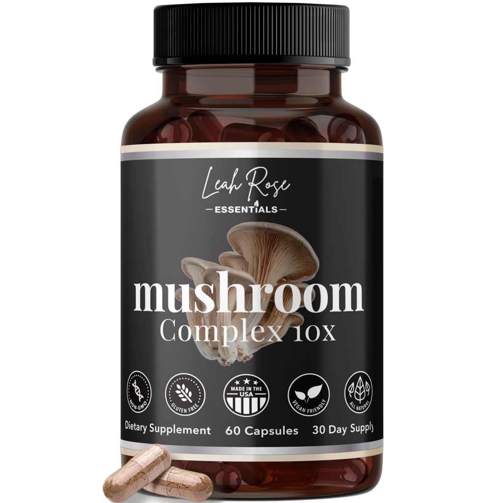 Mushroom Complex Supplement 10-in-1 - Lions Mane, Cordyceps, Reishi, Turkey Tail, Chaga & More - Brain, Focus, Energy & Immune Support - 60 Vegan Capsules - Non-GMO - Made in USA