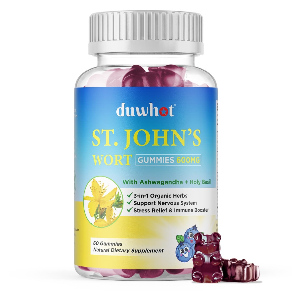 St John's Wort Gummies 600 mg, 3 in 1 Organic Herbal Doplnky pre zmiernenie stresu, Nervový systém podpora, s Ashwagandha & Holy Basil extrakt pre dospelých a deti, non-GMO, Vegan, 60 ct.