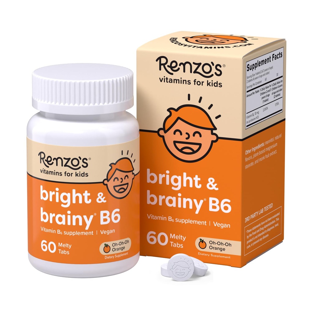 Renzo je jasný a mozog vitamín B6, rozpúšťajúci deti vitamín B6, 60 Melty bez cukru, ochutená oranžová