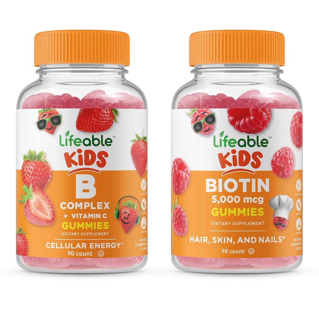 Životaschopné B zložité deti + biotín deti, Gummy Bundle - veľké ochutnávky, vitamínové doplnky, bez lepku, bez GMO, Žuvacia Gummy