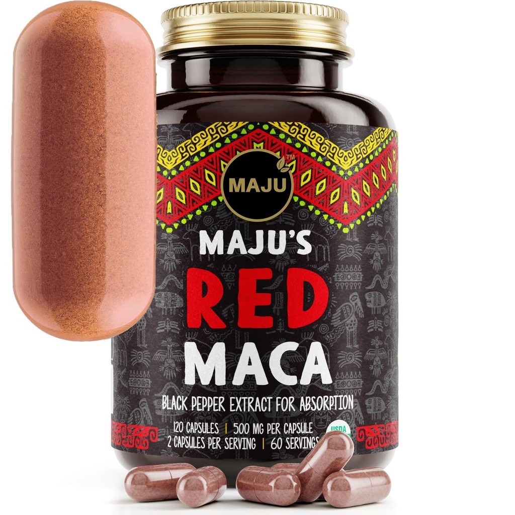 Maju Superfoods Organic Red Maca Root Kapsule 120ct - Ženy zamerané Kurvové zvýšenie výživy Booster pilulky, Zisk pre stehná, prášok v tabletkách doplnok