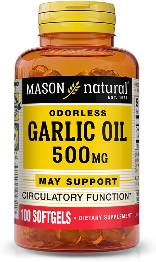MASON NATURAL Cesnakový olej 500 mg bez zápachu Allium sativum doplnok - podporuje zdravé obehové funkcie, 100 Softgels