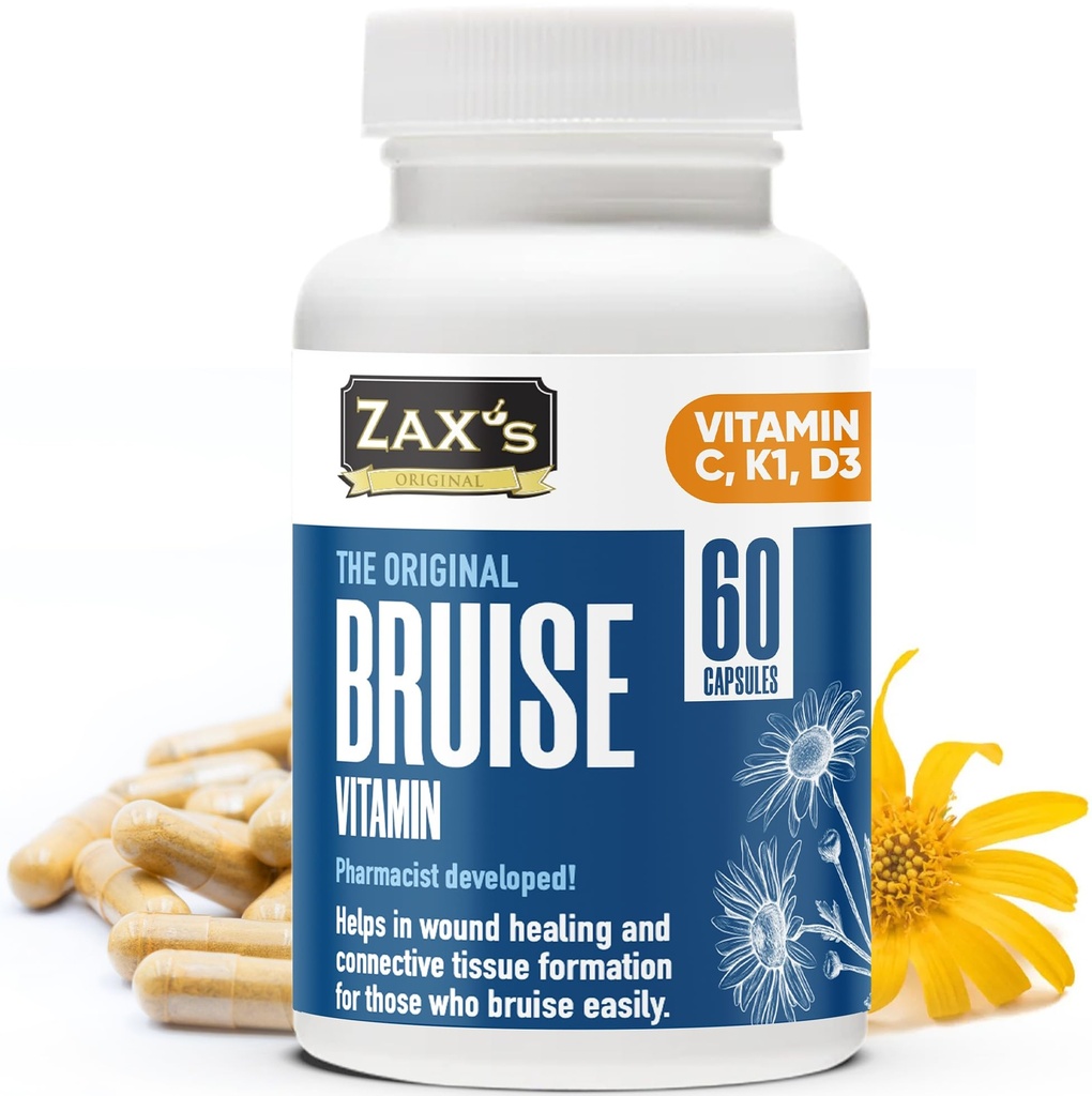 ZAX'S Bruise Vitamín Pharmacist Vyvinutý Bruising Doplnky Silné opuchy Redukcia, Zinok, Vitamín K, D3, Kyselina askorbová, Citrus Bioflavonoidy, 60 Caps, Combine Arnica Bruise Cream