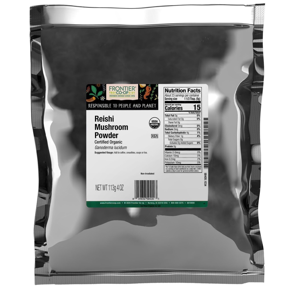 Frontier Co-op Premium Organic Reishi Mushroom Powder - Natural Adaptogenic Functional for Coffee, Tea, Smoothies | 4 Ounce (Pack of 1)