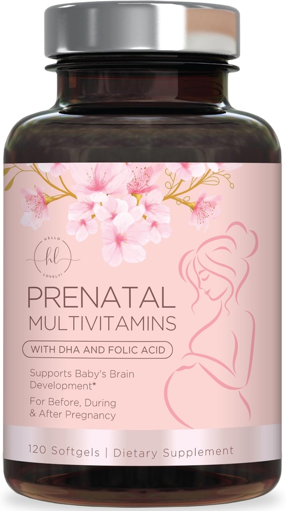 Prenatálne vitamíny pre ženy s kyselinou listovou a DHA, Podpora rozvoja plodu mozgu s folátom a Omega 3's, Multivitamín s vitamínom A, C, D, B6, B12 a železom, doplnok tehotenstva - 120 Softgels