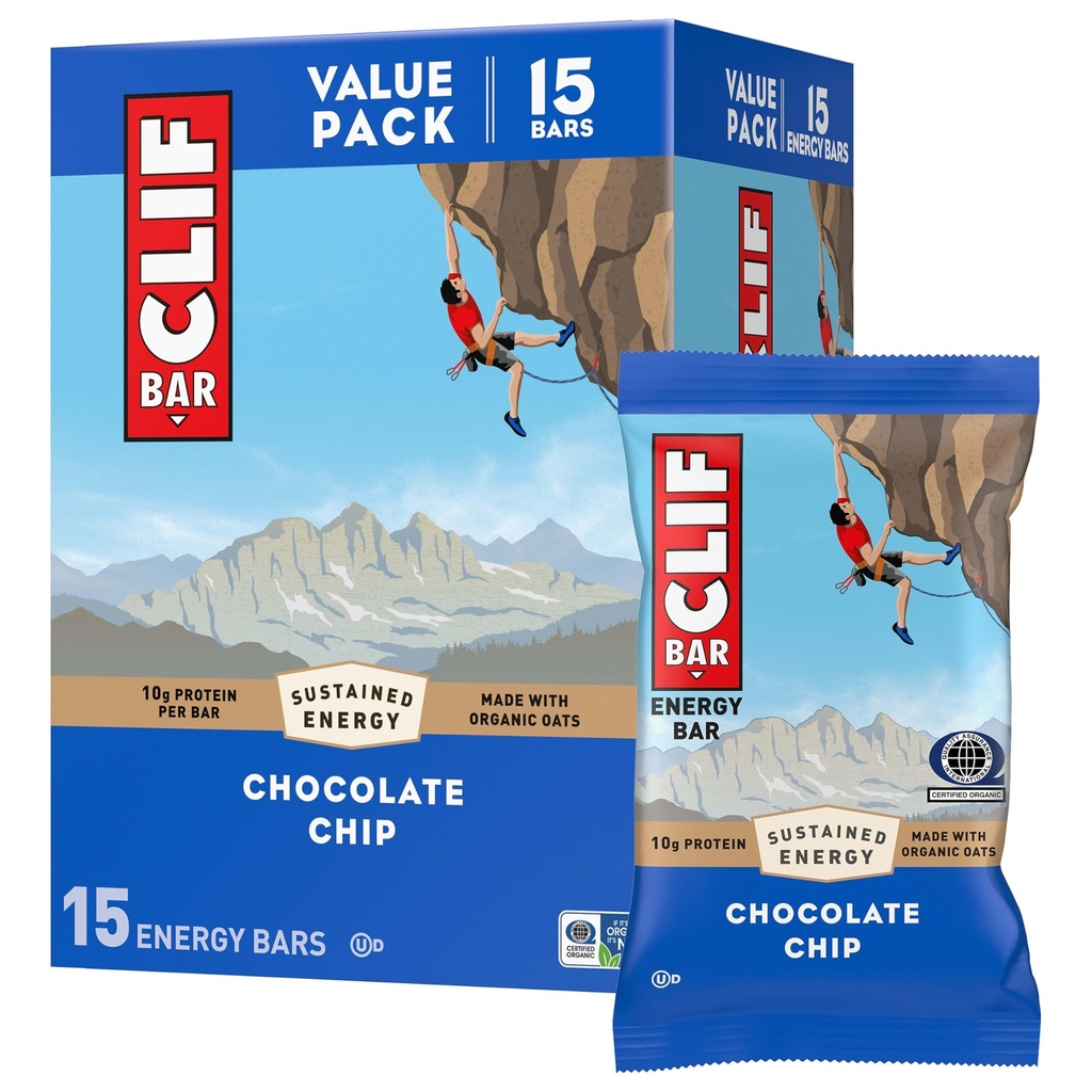 CLIF BAR - Energetické proteínové tyčinky - Chocolate Chip - Vyrobené s organickým Oat - Energetické tyčinky - non-GMO - (15 balení)