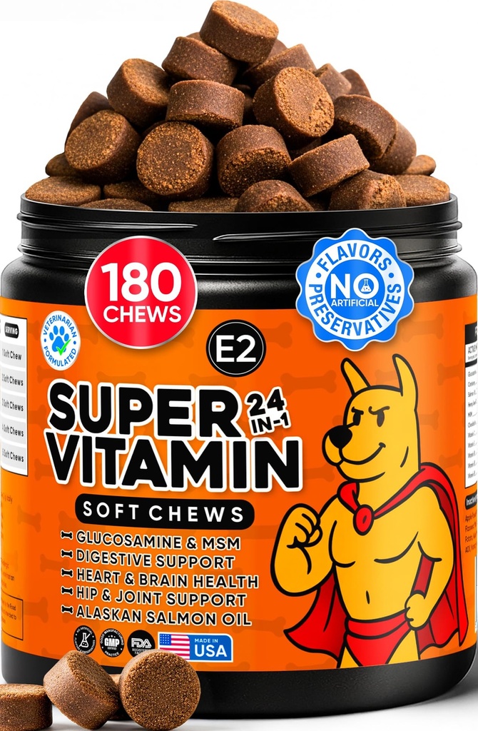 24-in-1 Dog Multivitamin with Glucosamine - Chewable Dog Vitamins and Supplements for Hip & Joints - Ideal for Immune Support and Digestive Health - Best for Senior Dogs and Puppies’ Skin & Heart