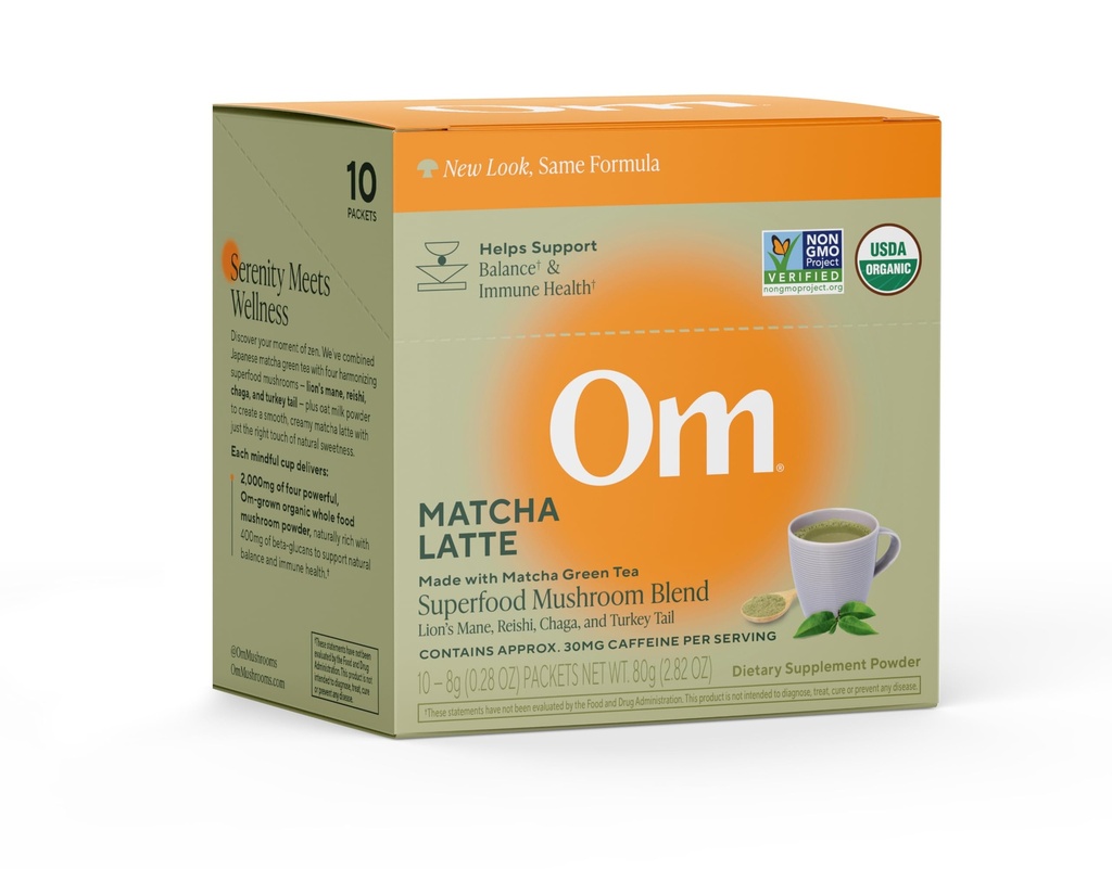 OM MUSHROOM SUPERFOOD Matcha Latte Blend – Green Tea Mushroom Powder with Lion’s Mane, Reishi, Chaga & Turkey Tail – Focus, Calm & Stress Support – Single Serve Packets (10 Count)