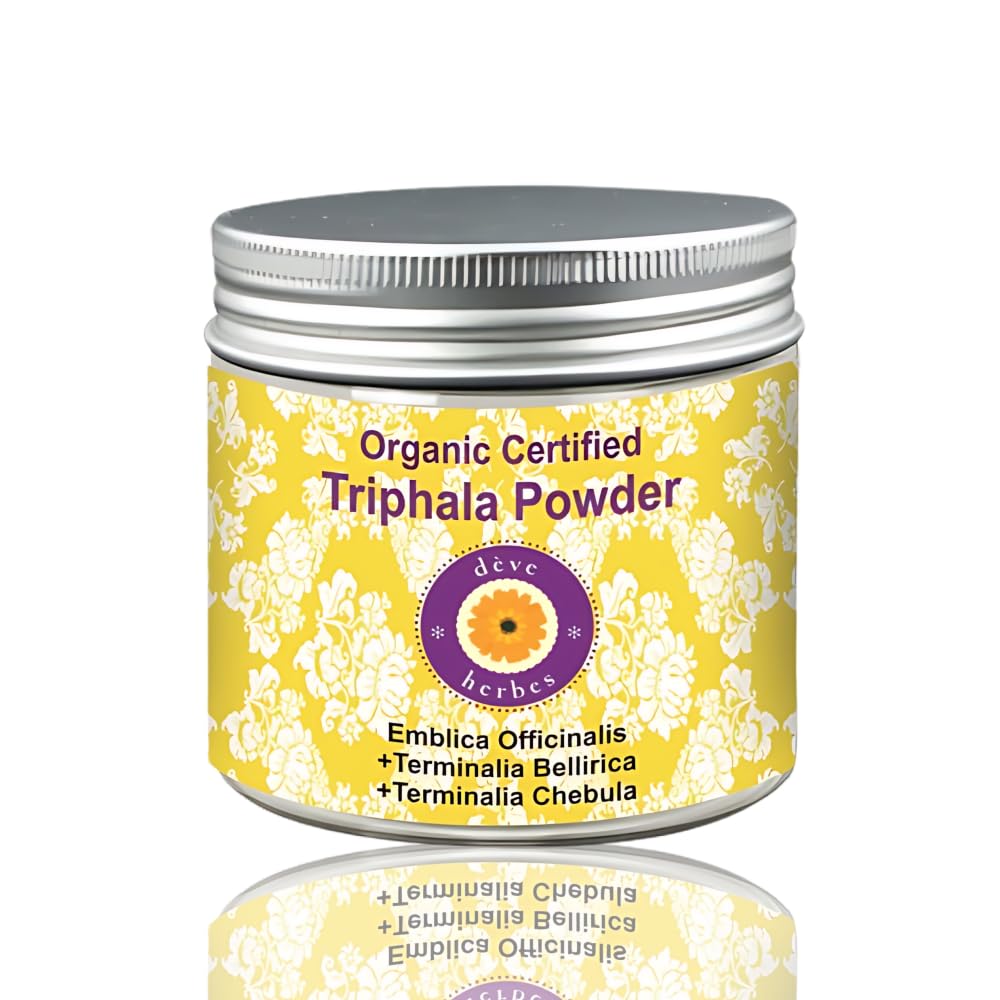 Deve Herbes Pure Triphla Powder (Emblica officinalis) + (Terminia belerica) + (Terminia chebula) Organic Certified Natural Therapy Grade 200gm, (7,05oz)