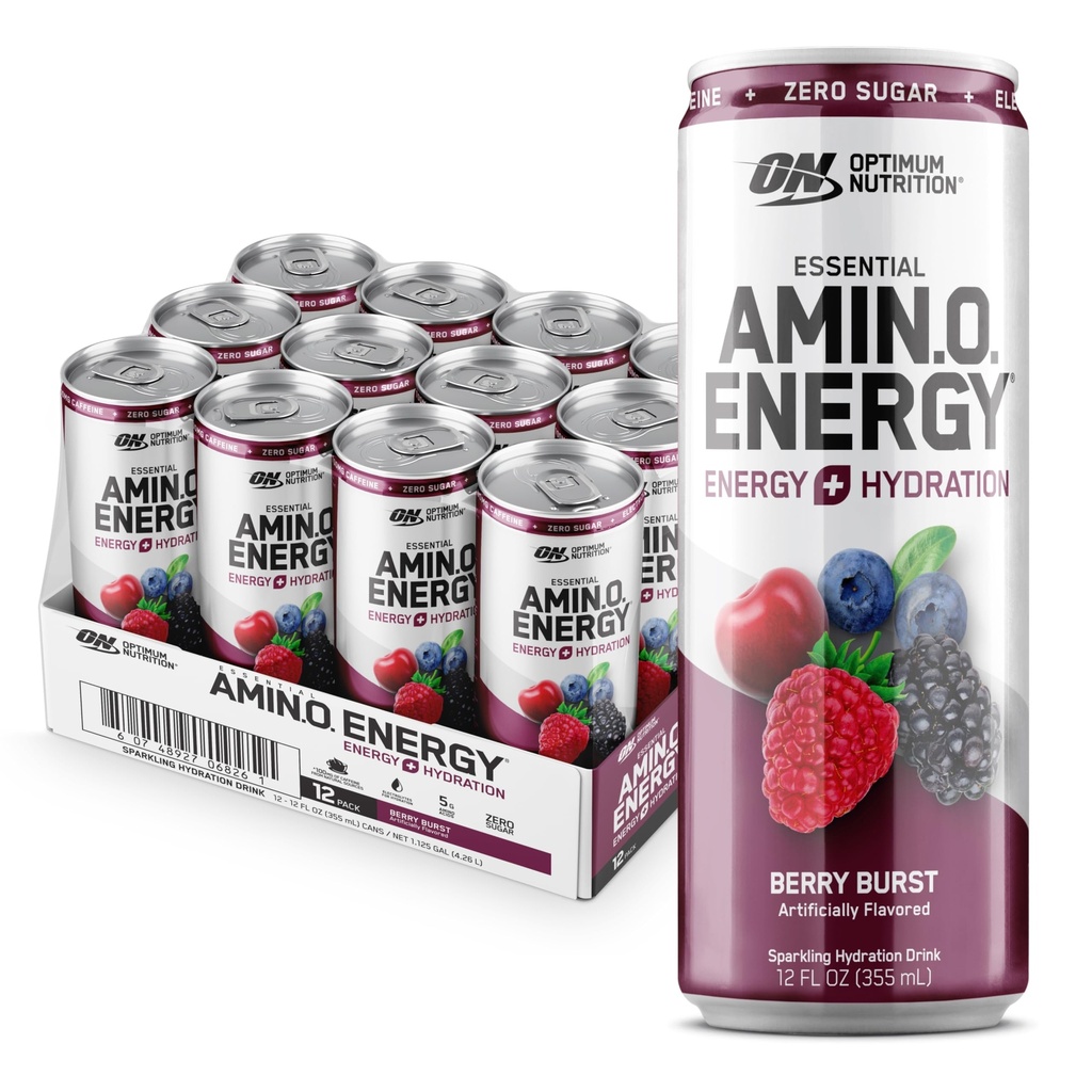 Optimálna výživa Amino Energy Sparkling Hydration Drink, Electrolytes, Kofeín, Amino Acids, BCAA, bez cukru, Berry Burst, 12 Fl Oz, 12 Balenie