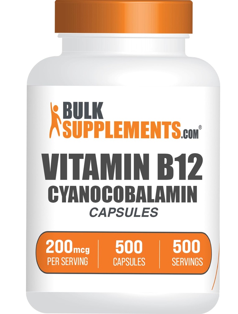 BulkSupplementments.com Vitamín B12 Kapsule - ako Kyanokobalamín, vitamín B doplnok, vitamín B12 200 mcg - Energy Vitamíny, bez lepku, 1 kapsula na porciu, 500 kapsúl (Pack of 1)