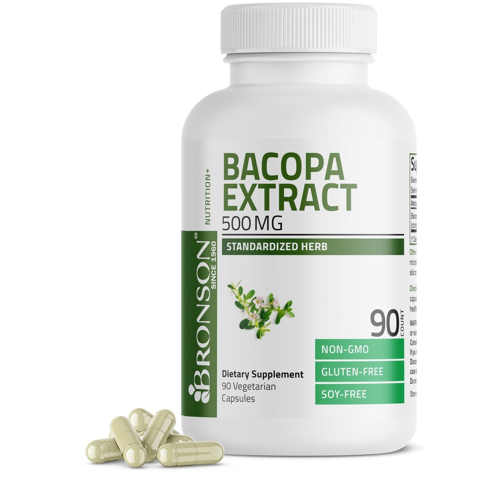 Bronson Bacopa Monnieri Extract 500 mg - Podporuje duševnú jasnosť a funkciu mozgu - Non GMO, 90 Vegetariánske kapsuly
