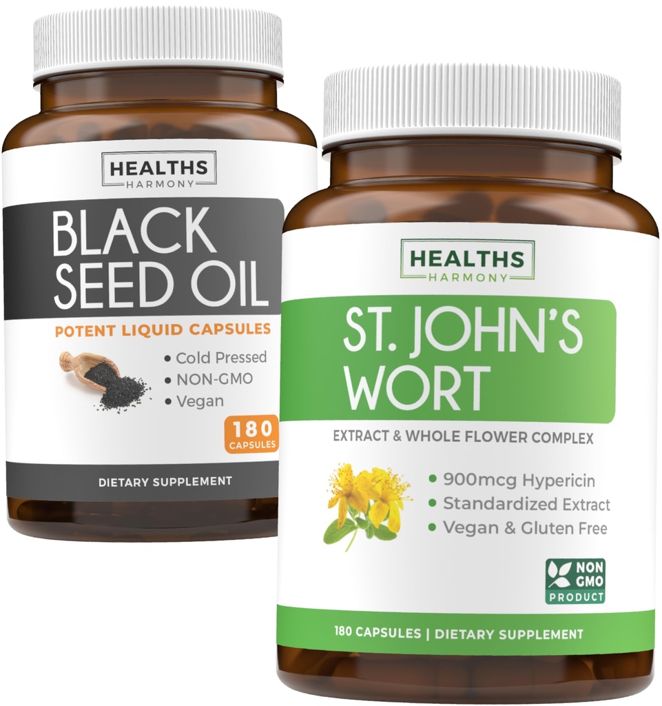 Black Seed Oil & St. John's Worth (3-Month Supply) Harmony Essence Bundle of Black Seed Oil (180 Kapsule) Cold-Pressed Nigella Sativa & St. John's Wort (180 kapsuly) s výkonnou 900mcg Hypericin