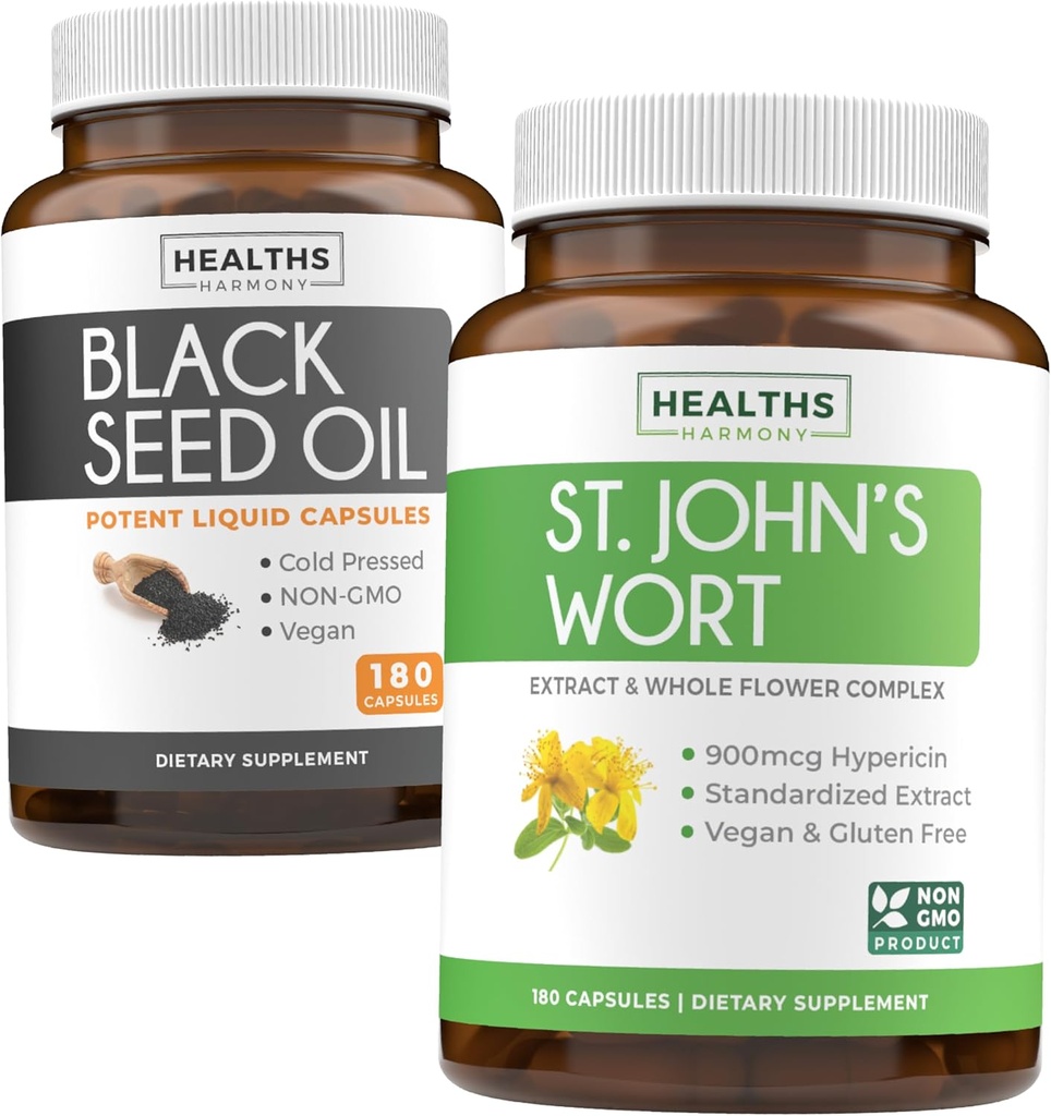 Black Seed Oil & St. John's Worth (3-Month Supply) Harmony Essence Bundle of Black Seed Oil (180 Kapsule) Cold-Pressed Nigella Sativa & St. John's Wort (180 kapsuly) s výkonnou 900mcg Hypericin