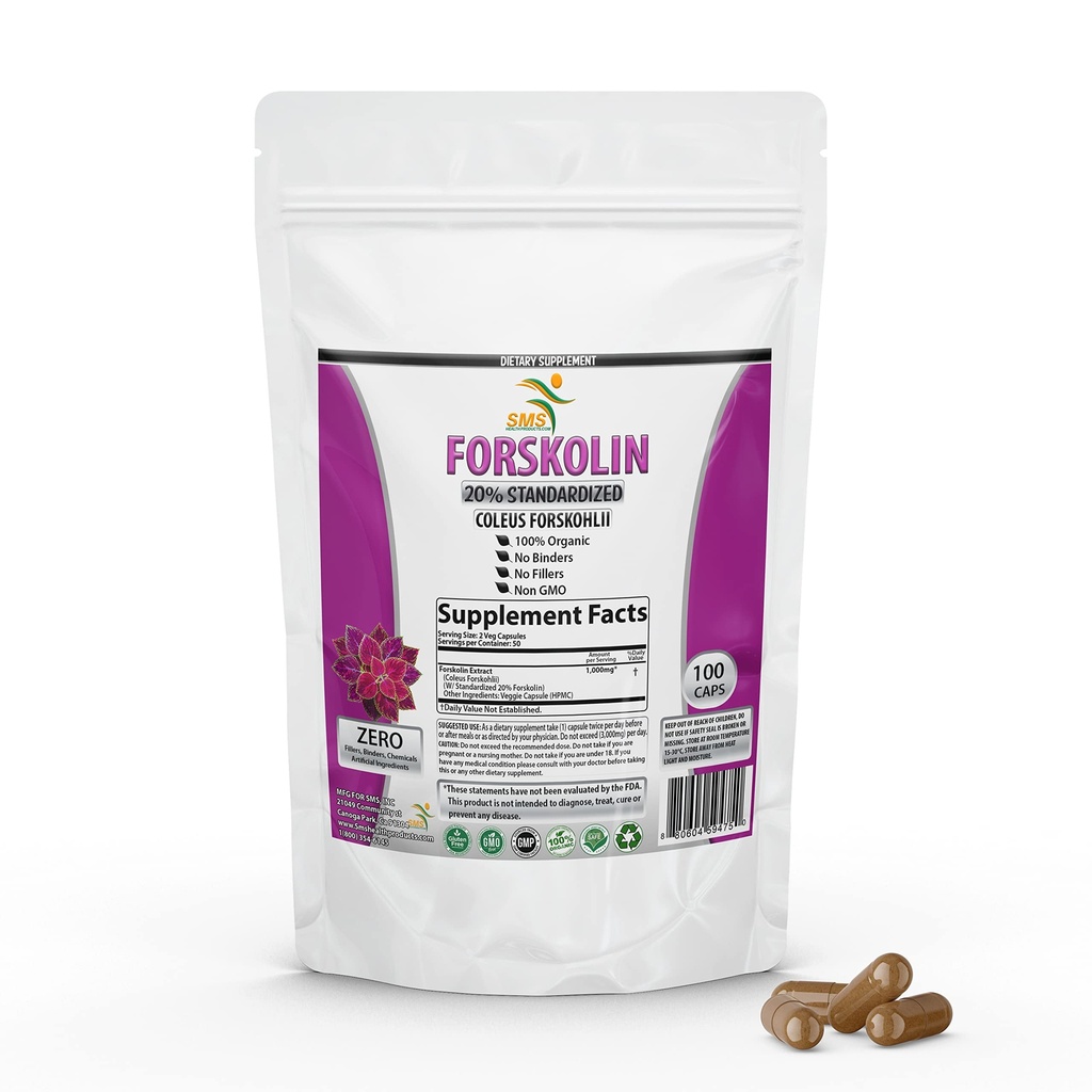 Pure Forskolin Extract Supplement with Potent Coleus Forskohlii 20% Štandardizovaný 1 000 mg pre vylepšenú energiu - Rastlinné energetické doplnky pre ženy a mužov - 100 Veggie Kapsule