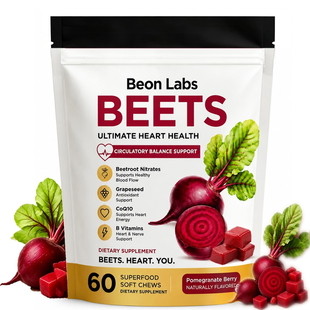 Beon Beet Chews, Beon Beetroot Chews with Beetroot, Coq10 & Grape Seed Extract,Support for Circulation and Daily Vitality