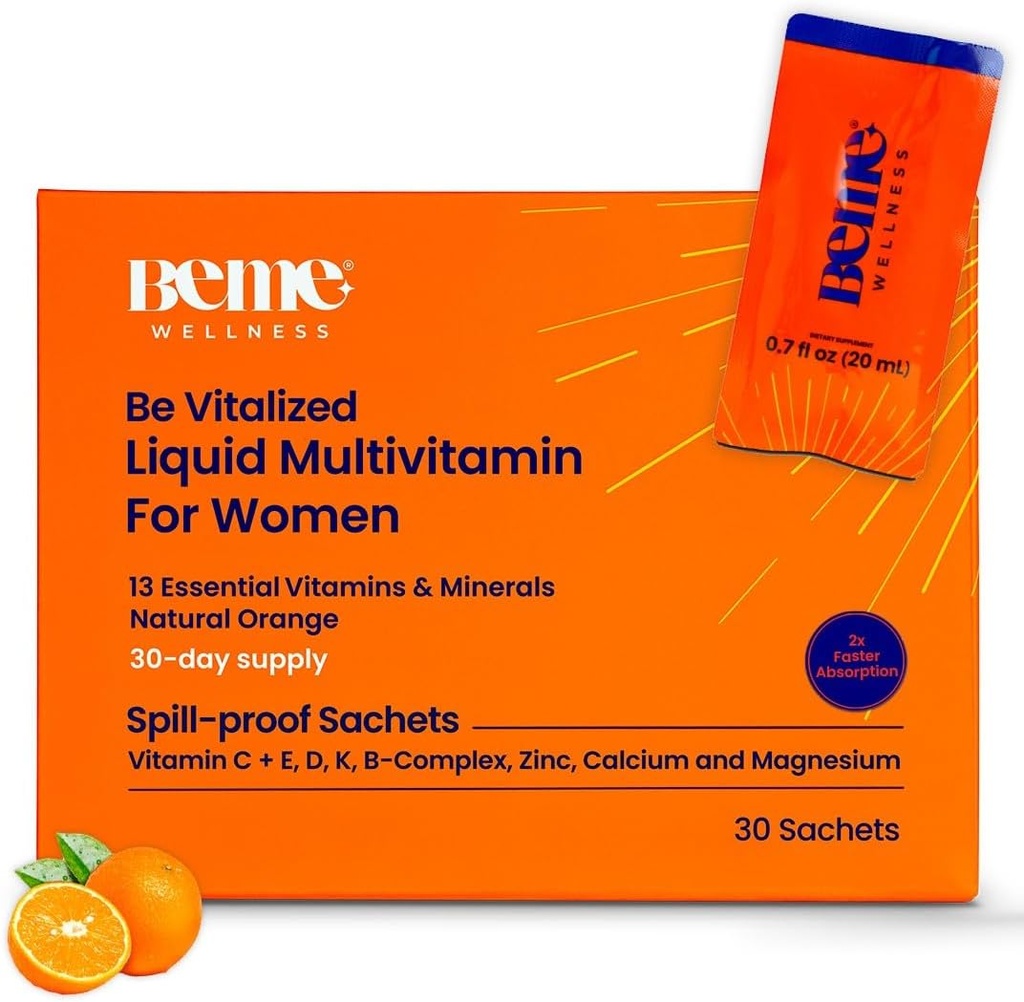 BeMe Tekuté multivitamíny pre ženy - Pokročilý systém tekutej výživy s 13 vitamínmi a 4 minerálmi - Slúžte a Go Vrecká, non-GMO, Orange Flavor (30 vrecko)
