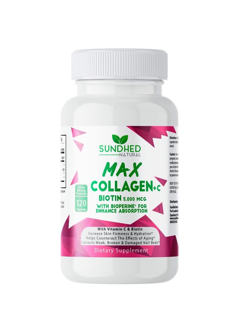 Sundhed Max Collagen Plus C - Všetky prírodné kolagén s biotínom a bioperine zvýšiť proti starnutiu hydratácie a kože pevnosť - posilnenie kosti a nechty (kosti 2-Mesiac) (120 Počet)