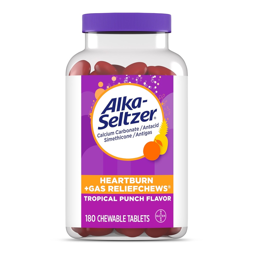 Alka-Seltzer Pálenie záhy + Relief plynu Žuvačky, Antacidá + Antigas žuvačky pre rýchlu úľavu od pálenia záhy, plyn a kyslé poruchy trávenia Na ceste, 180 Ct