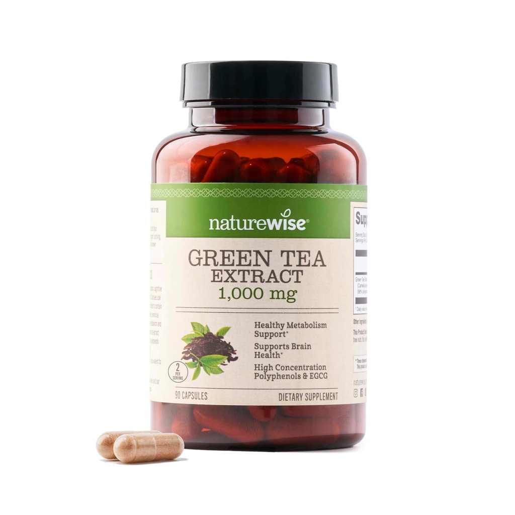 NatureWise Green Tea Extract Kapsule 1000 mg - 50% EGCG & 98% Polyfenoly - Extra sila Zelený čaj Pills - Antioxidanty pre zdravie a energiu srdca - Vegan, Non-GMO - 90 Gróf[45-Day Supply]
