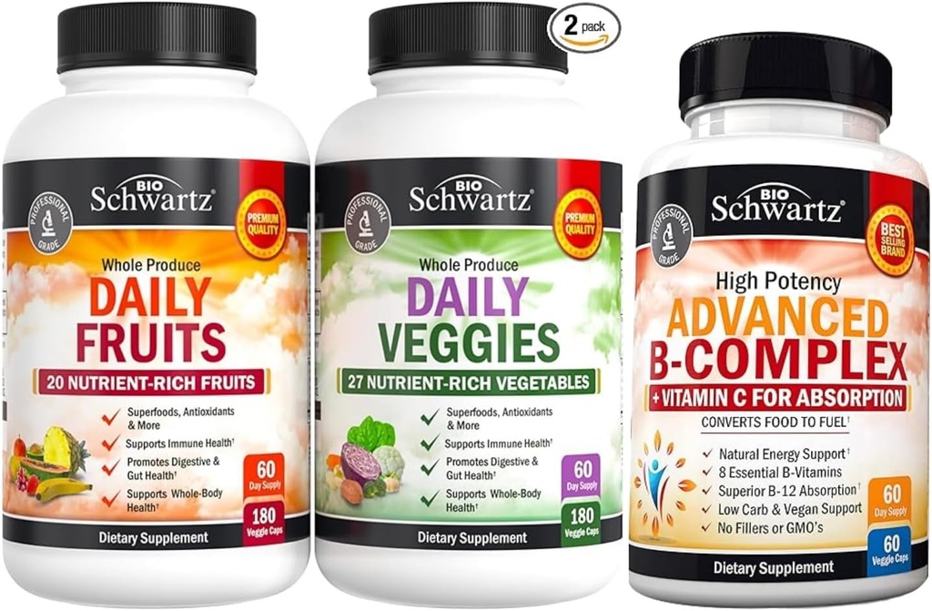 BioSchwartz denné ovocie a zelenina doplnok pre ženy a mužov (2 mesiace dodávky) Plus vitamín B komplex s vitamínom C (2 mesiace dodávky)