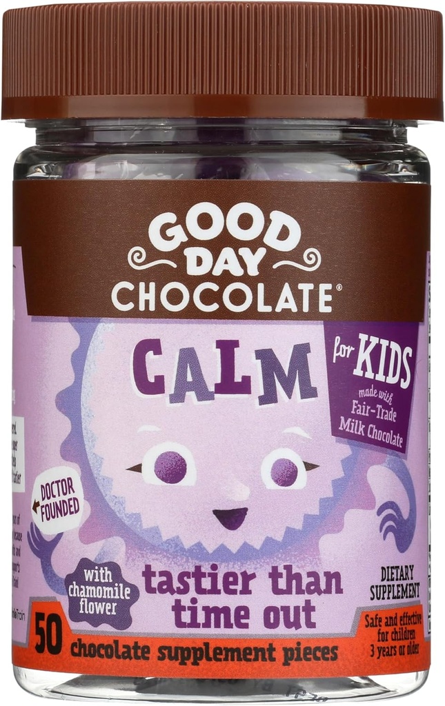 Dobrý deň čokoláda prírodné upokojujúce doplnok pre deti, zmes Camomile, L-Theanine, Fair Trade a non-GMO čokoláda, 50 kusov