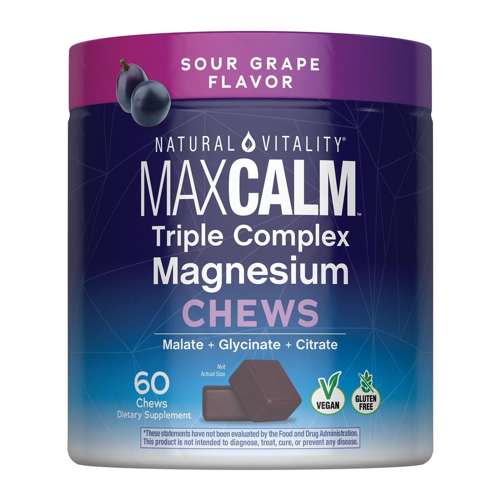 Natural Vitality MaxCalm Triple Complex Magnesium Chews | Sour Grape Flavor | Malate + Glycinate + Cirtrate Formula | Vegan & Gluten Free Supplement | 60 Count