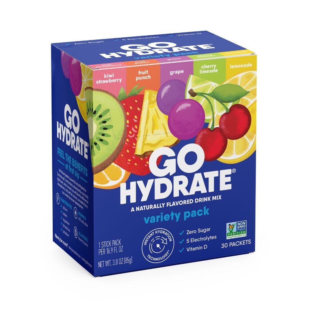 GoHydrate Powder Pakety s nízkym obsahom sodíka Electrolyty bez cukru - Instant Hydratácia Denný nápoj Mix - Zero Cukrová voda Ochutená Packet s vitamínom D - (Variety Balenie, 30 Balíčky)