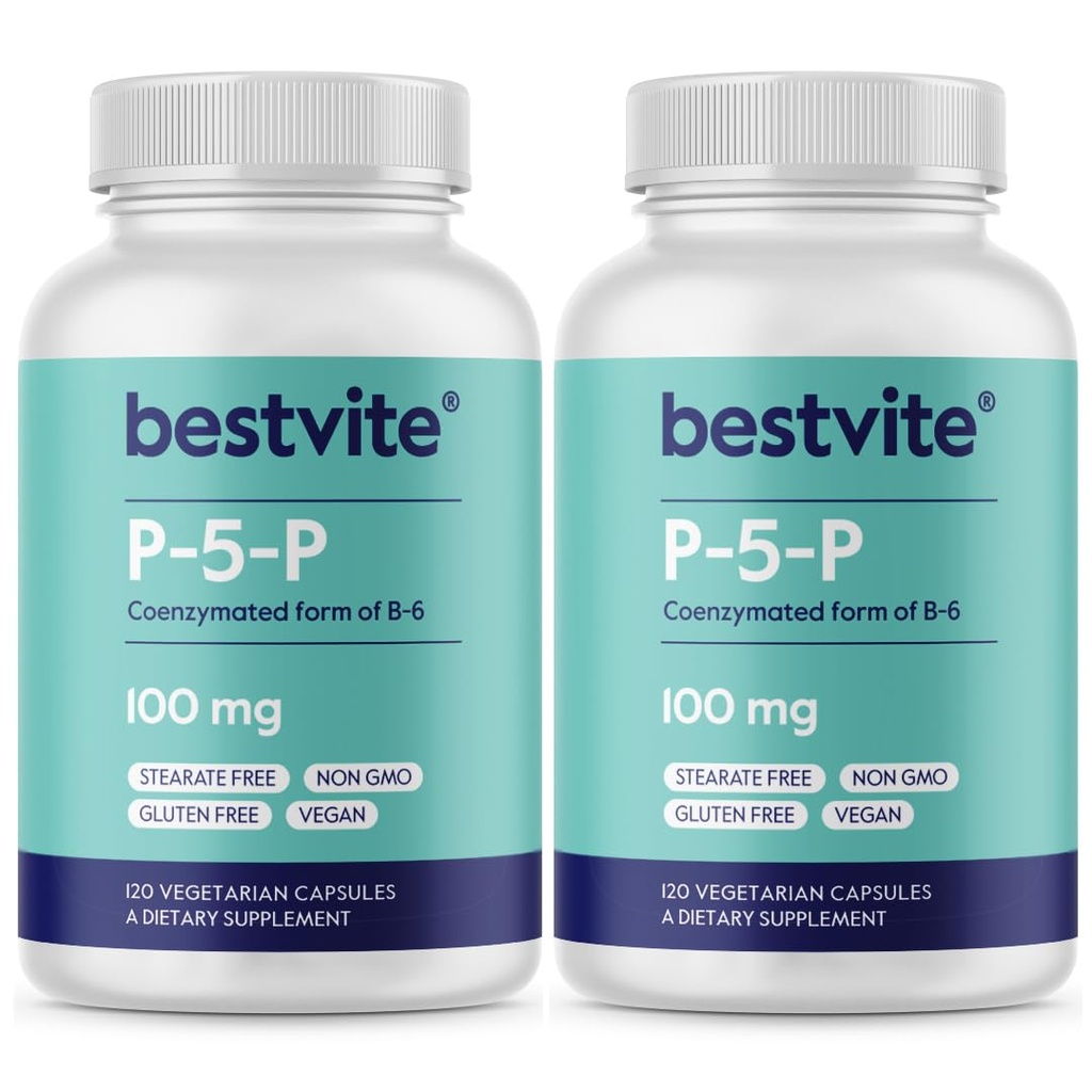 BESTVITE P-5-P 100mg (240 Vegetariánske kapsuly) (120 x 2) (CoEnzymated Form of B-6) - No Stearates - Vegan - Non GMO - Gluten Free