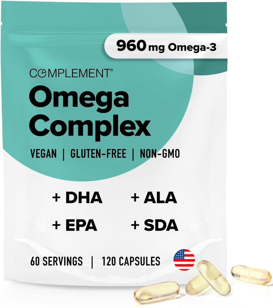 Complement Vegan Omega 3 Supplement- 960mg Omega-3 mastné kyseliny, DHA, EPA, SDA, ALA Supplement - Immune Support- 60 Servings, 120 Tekuté kapsuly