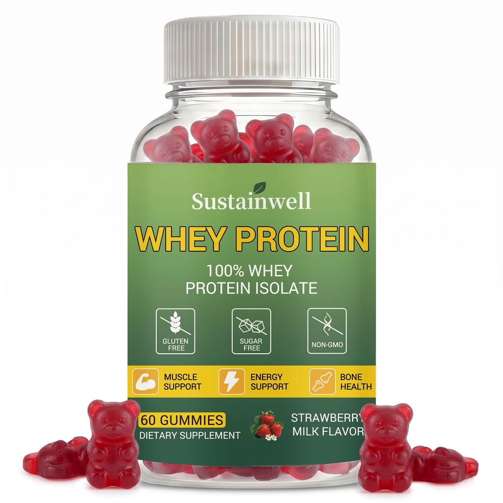 Whey Protein Gummies for Adults & Teens 100% Whey Protein Isolate with Vitamin C, D3, B12, Calcium, Magnesium & Iron, Muscle Support, Energy Boost & Bone Health, Strawberry Milk Flavor, 60 Counts