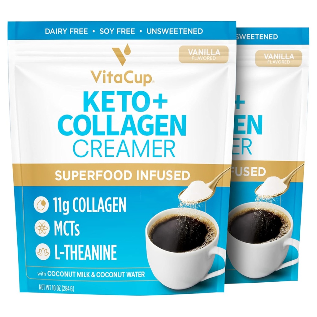 VitaCup Keto + Collagen Coffee Creamer Vanilla Flavor w/MCT, Collagen Protein, Coconut Water, L-Theanine pre Keto Diet, Káva, Smoothies, & Shakes, Dairy-free, Gluten-free, Soy-free, 2 vrecia,10oz každý