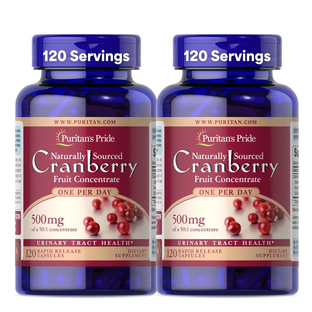 Puritánska pýcha Prirodzene Zdroj Cranberry One per day Fruit Concentration 500mg, 50:1 Dietary Supplement for Urinary Tract Support, 4 Month Supply, 120 Rapid Release Kapsule, 2 Balenia