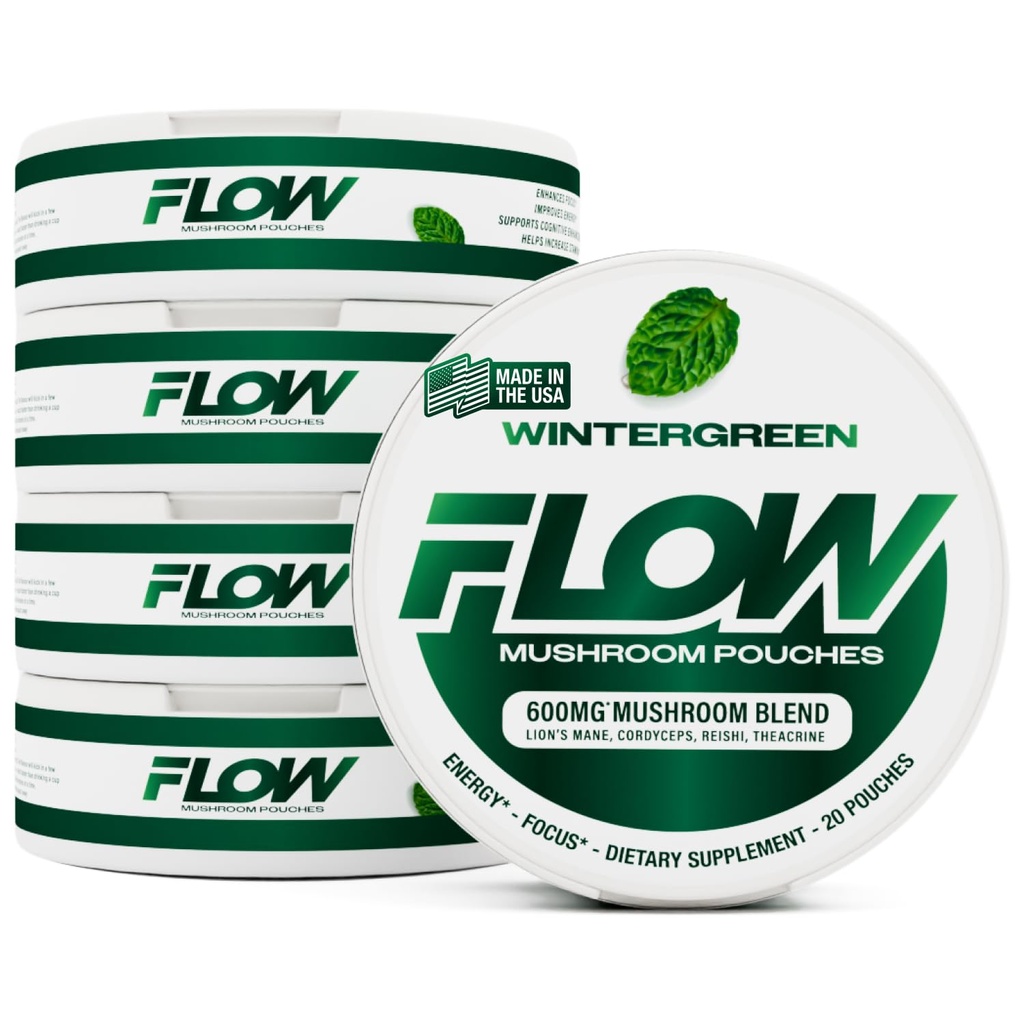 Flow Pouches Mushroom Nootropic Pouches, 600mg Lion's Mane Reishi Cordyceps Energy Pouches for Focus and Clean Energy, Caffeine Free Sugar Free Nicotine Free, Now Made in USA (5 Cans, Wintergreen)