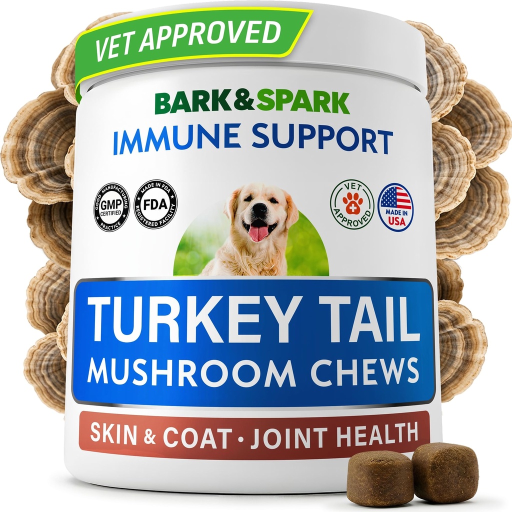 BARK&SPARK Turkey Tail Mushroom for Dogs - Mushroom Blend Chews - Lumps & Bumps, Lipoma | Reishi, Maitake, Shiitake & more - Immune Health, Lipoma Treatment, Joint Support - Buddy Supplement - Skin, Energy - 60Ct
