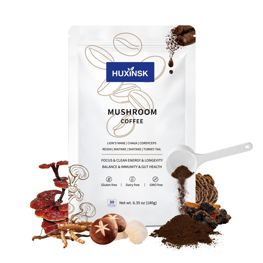 Mushroom Coffee, Organic Instant Coffee Superblend with Collagen, β-Glucan (Prebiotic), Lion’s Mane, Reishi, Cordyceps for Focus, Energy, Immune and Gut Health Support, 30 Servings