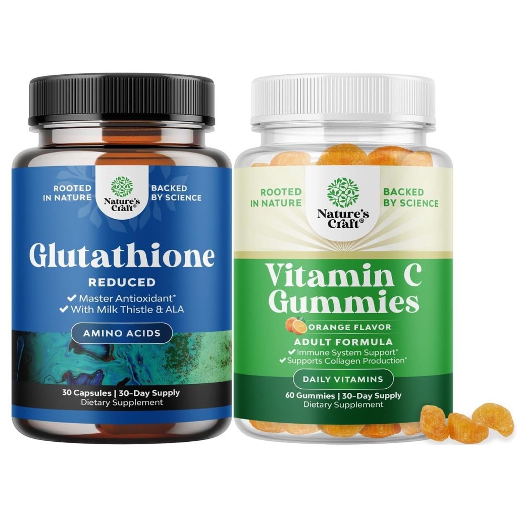 Bundle Reduced Glutatione Supplement with Milk Thitle - 500 mg per service Pure L Glutatión a žuvateľný vitamín C Gumies pre dospelých - kyselina askorbová Natural Gummy Immune Booster & Cold Remedy