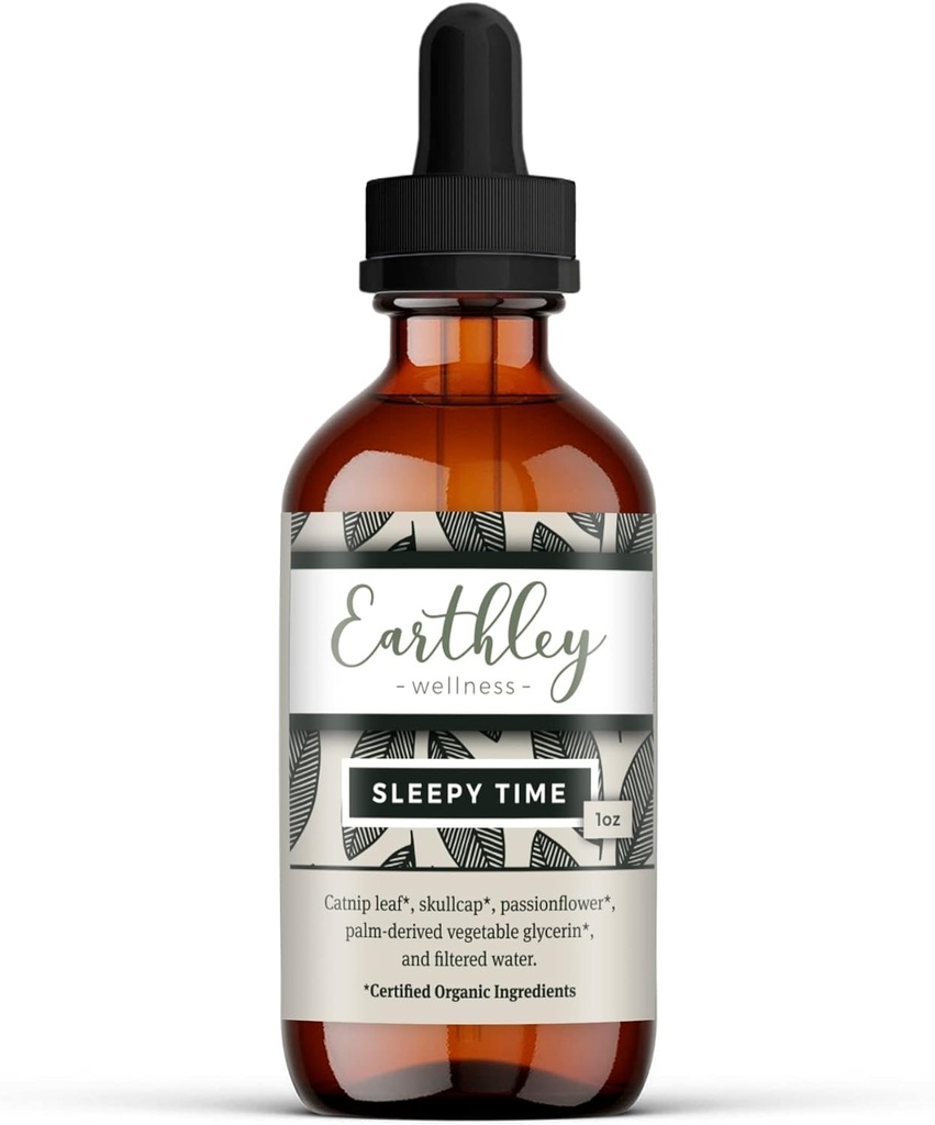 Earthley Wellness Sleepy Time, Natural Herbal Sleep Podpora pre dospelých a deti, upokojujúce extrakt pre relaxáciu a pokojné noci, bez alkoholu, Made with Catnip, Skullcap, and Passionflower (1oz)