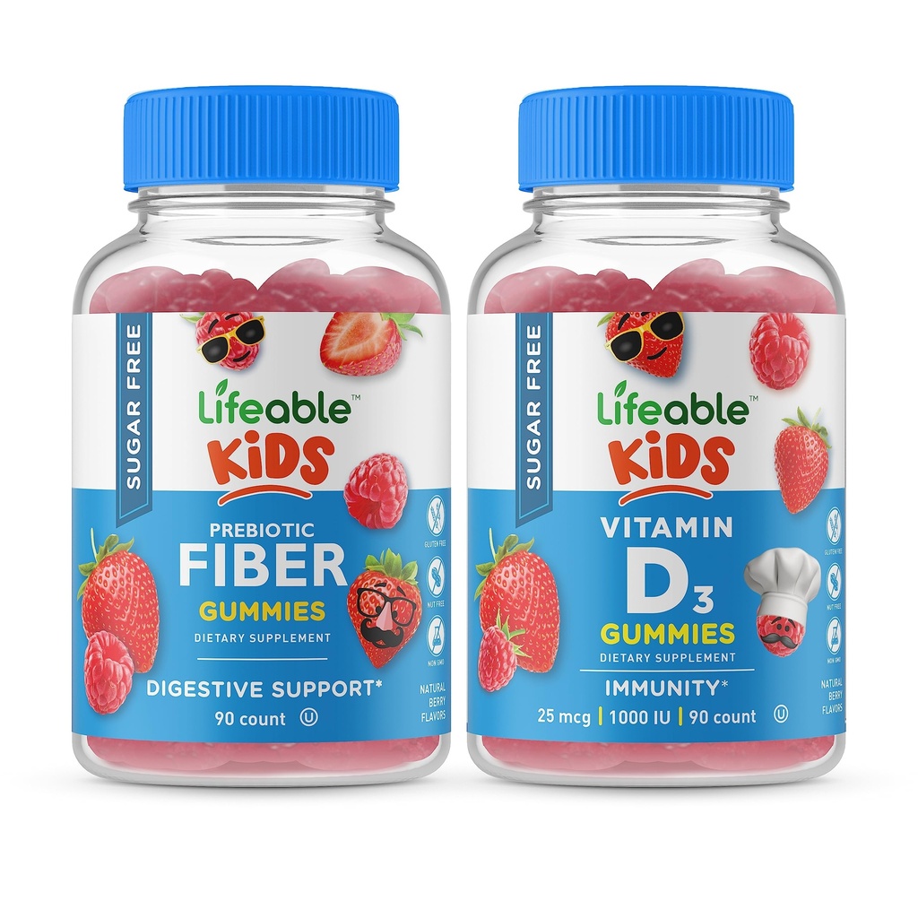 Životaschopné cukor bez preciotických vlákien deti + vitamín D deti, Gummies Bundle - skvelé ochutnávka, vitamín doplnok, bez lepku, bez GMO, žuvacia Gummy