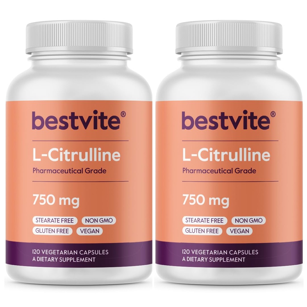 BESTVITE L- citrulín 750 mg v kapsule (240 Vegetariánskych kapsúl) (120 x 2) - žiadne stearáty - žiadny kremík - žiadne výplne - Non GMO - Gluten Free - Vegan