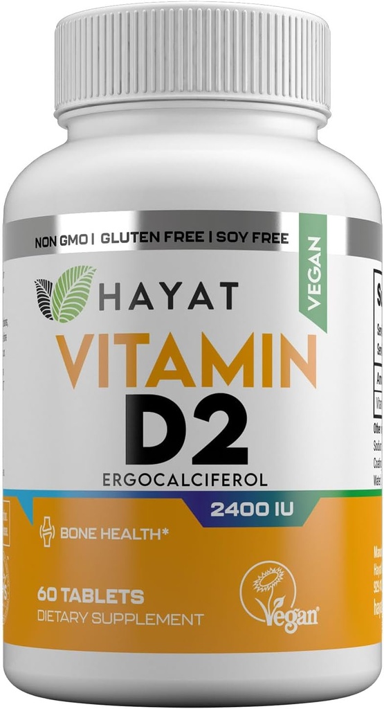 HAYAT vitamíny Vegan Vitamín D2 2400 IU (60 MCG), Dietetický doplnok pre kosti, zuby, svalovej a imunitnej zdravotnej podpory, 2 mesiace dodávky, všetky prírodné, Certified Halal, 60 tabliet, vyrobené v USA